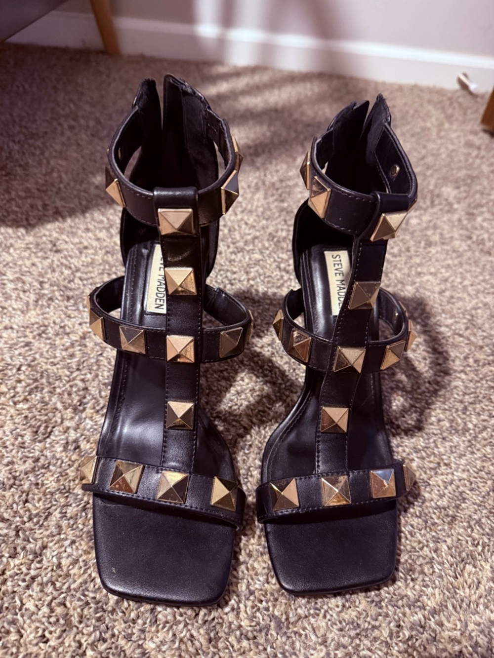 Steve Madden Black Strappy Heels with Gold Pyramid Studs